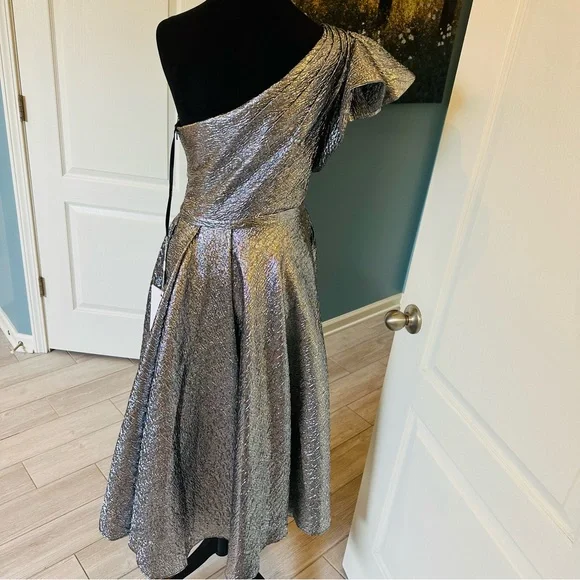 Mac Duggal Dress Silver 6 One Shoulder Bow Midi Gown Ruffle 67906 New - Picture 11 of 13